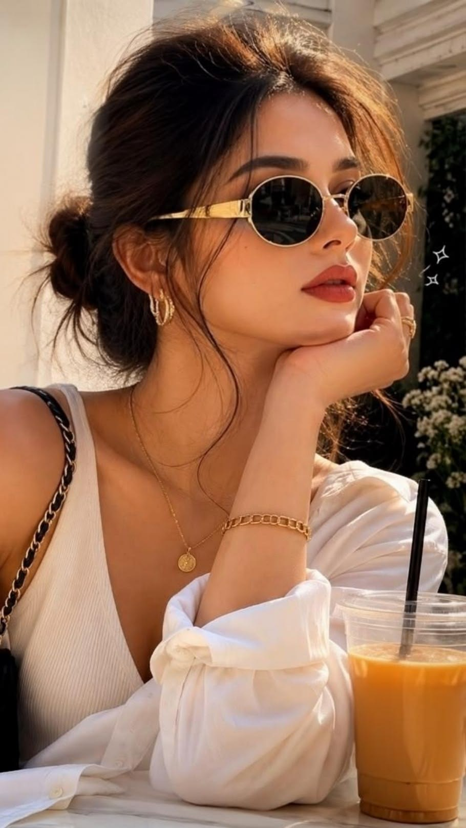 Beauty preview portrait with sunglasses in warm sunlight